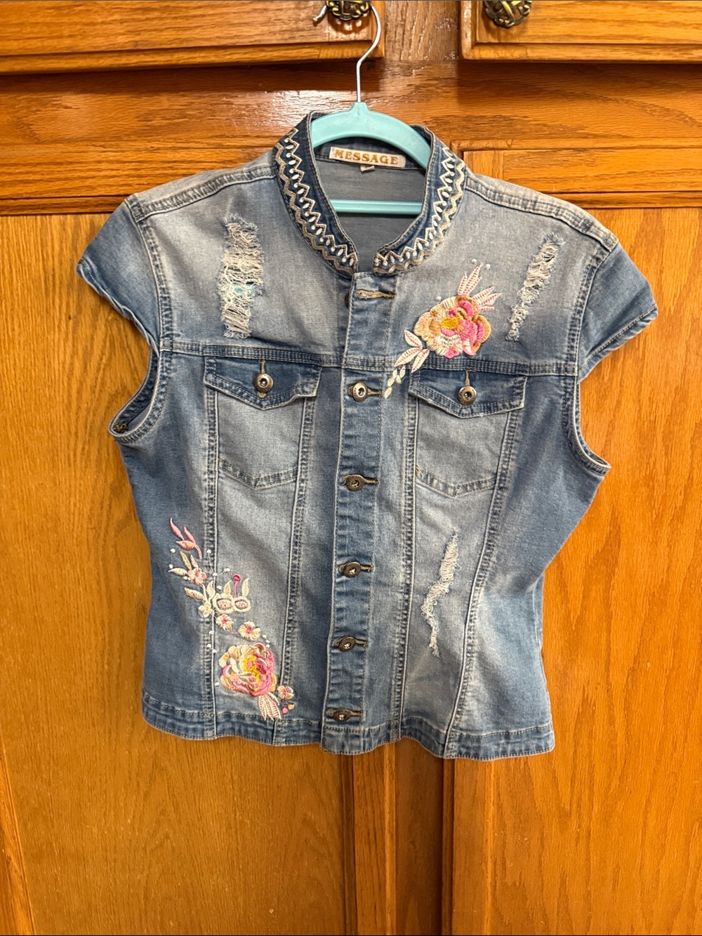 Message Blue Embroidered Denim Button-Down Shirt Vest
